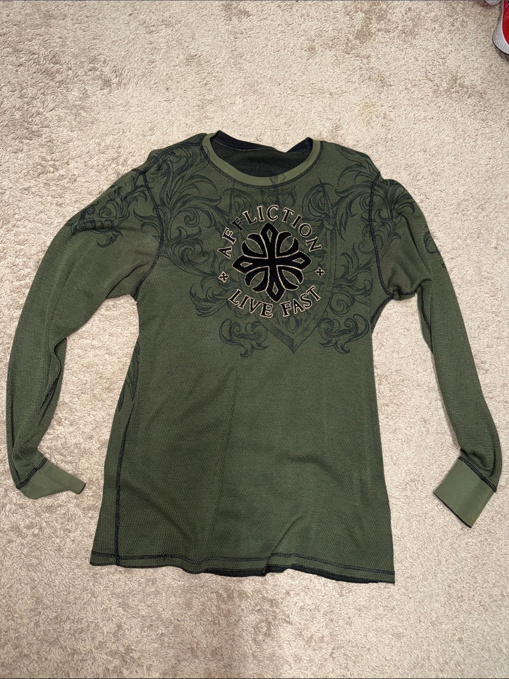 Affliction Olive Green Long-Sleeve Graphic Thermal reversible
